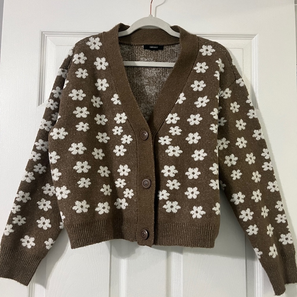 brown floral button down sweater